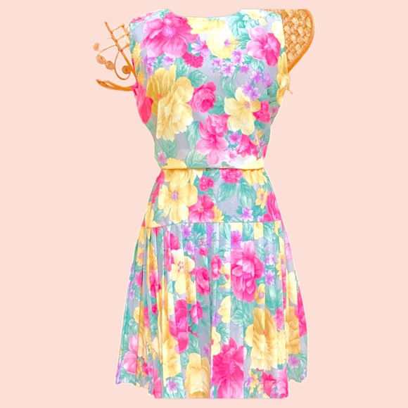 Vintage pleated dropwaist dress midi floral hippie flower power 60s 70s 80s VTG - Picture 3 of 14